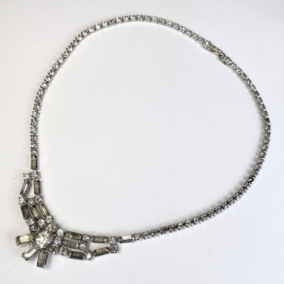VTG Mid Century Rhinestone Necklace Baguette Crystal Silver Tone 1950s Jewelry - Picture 3 of 12